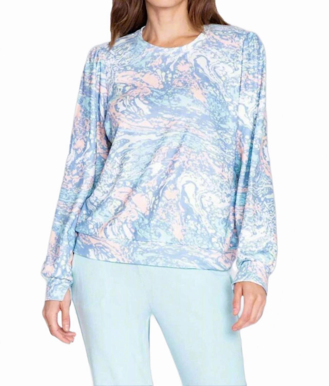 Molten Marble Long Sleeve Lounge Top In Multi Layered Hem Design Easy Care Fabric