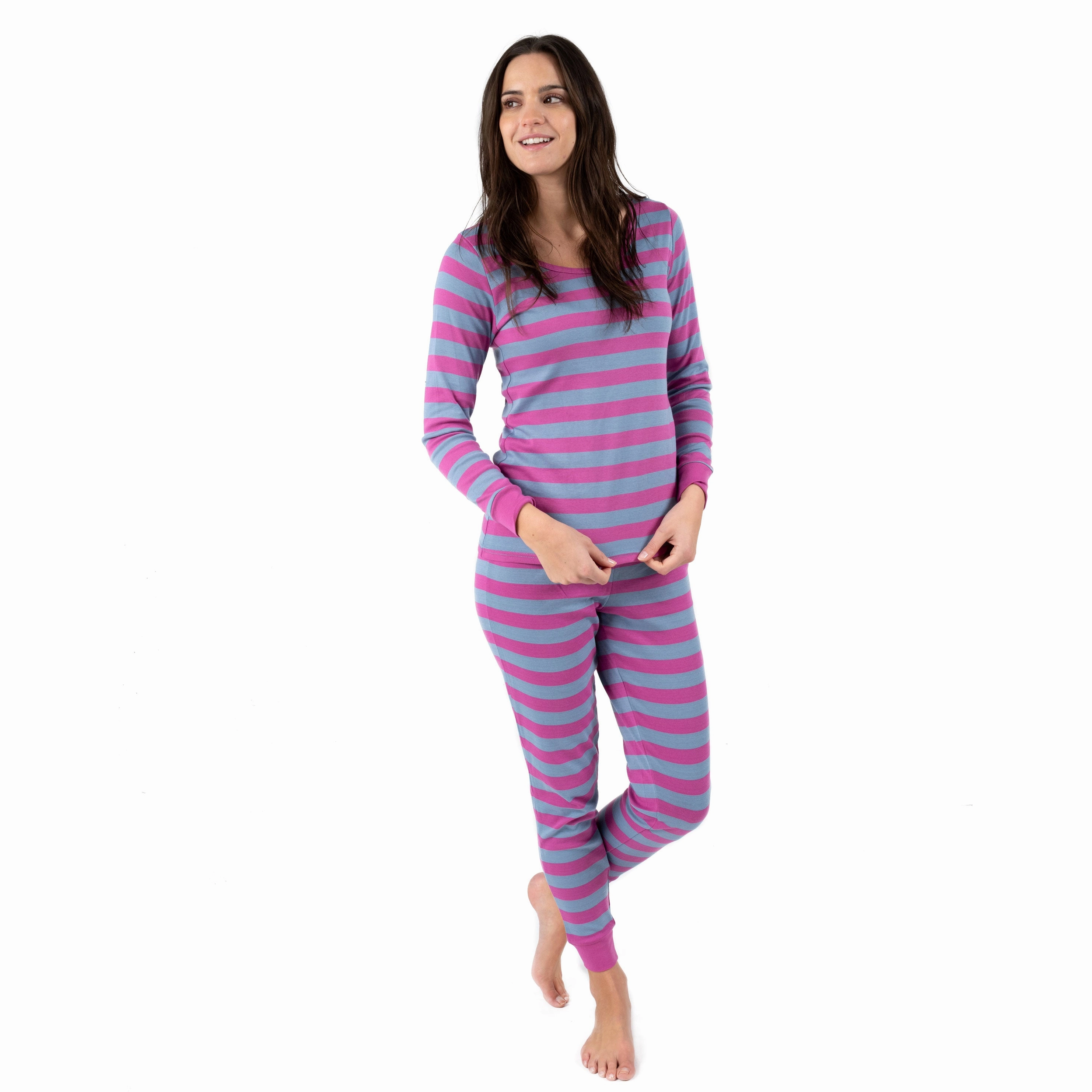 Odor Control Technology Flatlock stitching Womens Two Piece Cotton Pajamas Striped