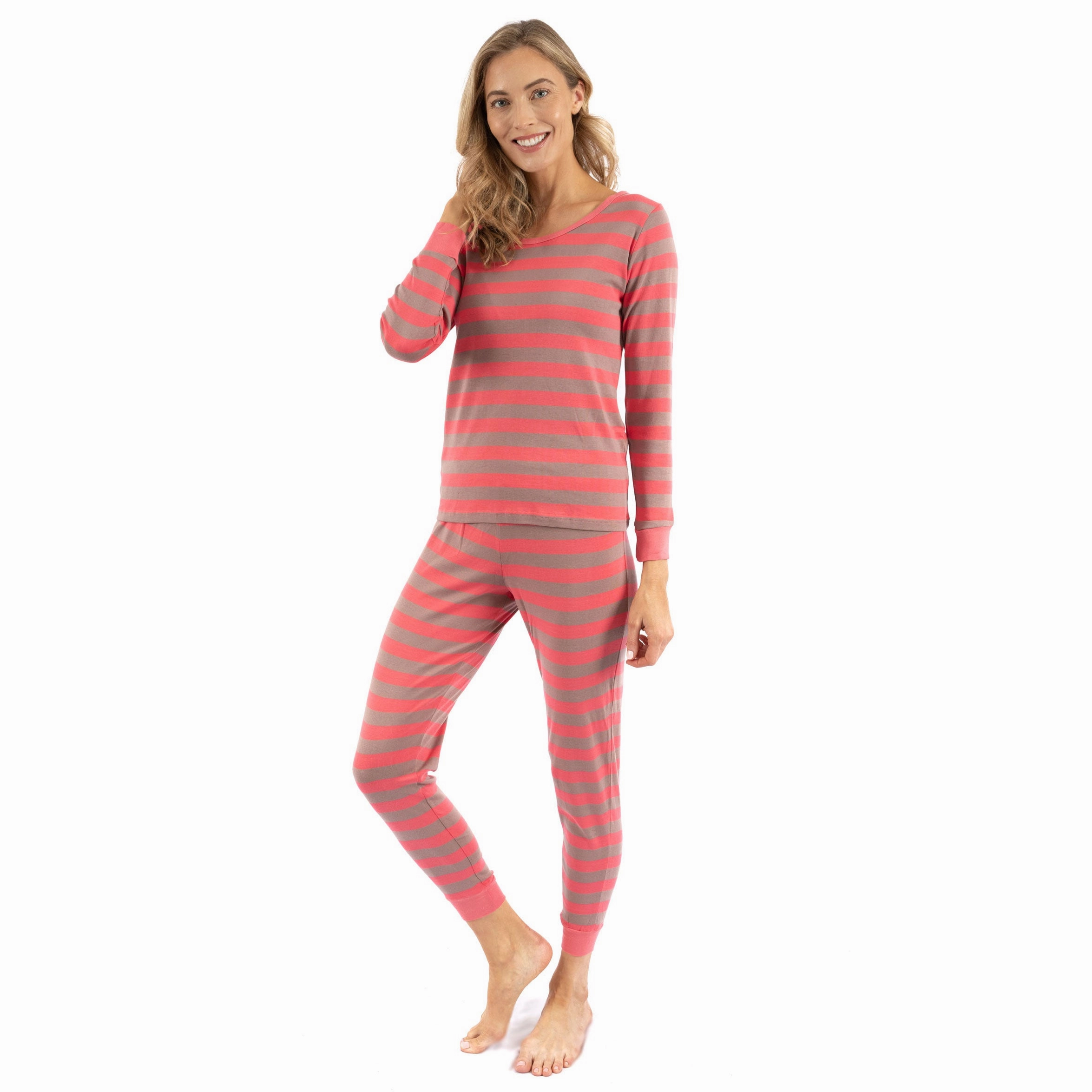 Ultra Stretch Waistband Anti Pilling Process Womens Two Piece Cotton Pajamas Striped