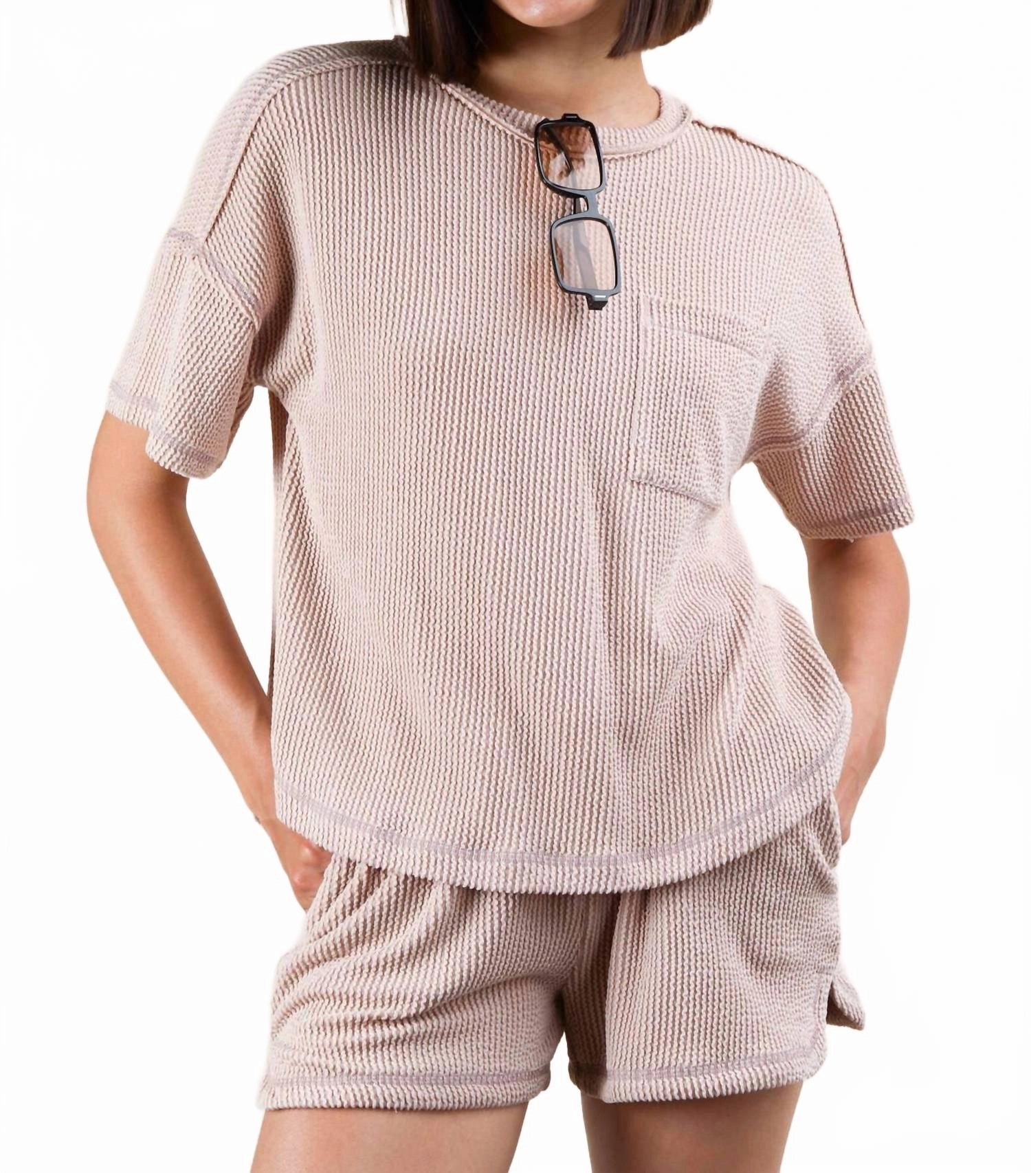 Oversized Two Tone Double Knit Top & Shorts In Oat Butterfly Hem Detail FourWay Stretch