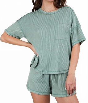 Oversized Two Tone Double Knit Top & Shorts In Sage Microfiber Material Reversible design