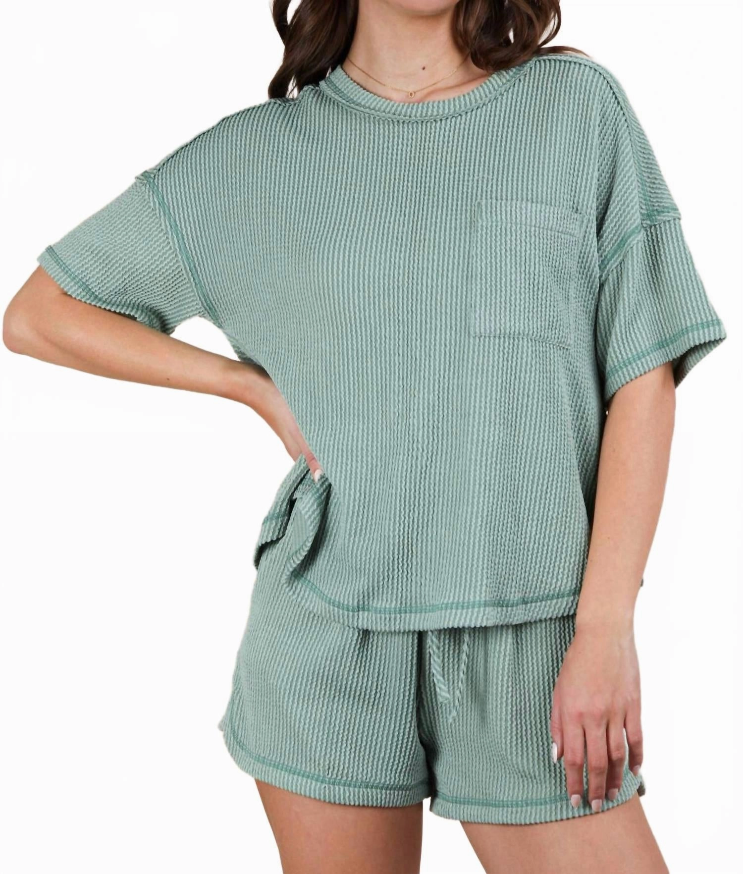 Oversized Two Tone Double Knit Top & Shorts In Sage Tencel Blend Thermal regulation