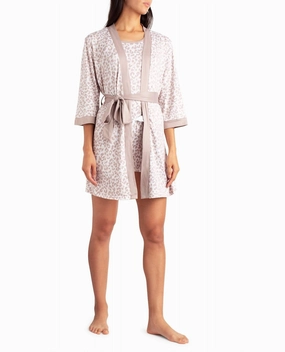 Odor Control Technology Peached Jersey Three-Piece Sleepwear Set In Beige Animal