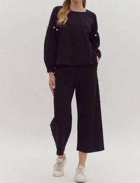 Drop Shoulder Design Pearl Cropped Pant Set In Black