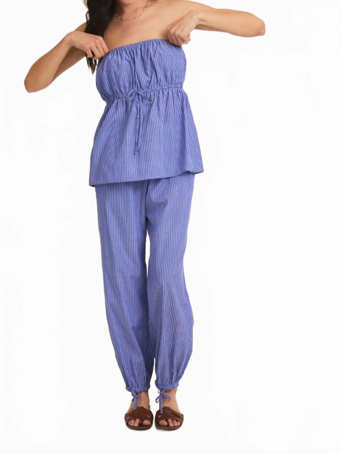 Tagless Labeling Stretch Knit Material Peplum Top And Jogger Set In Blue