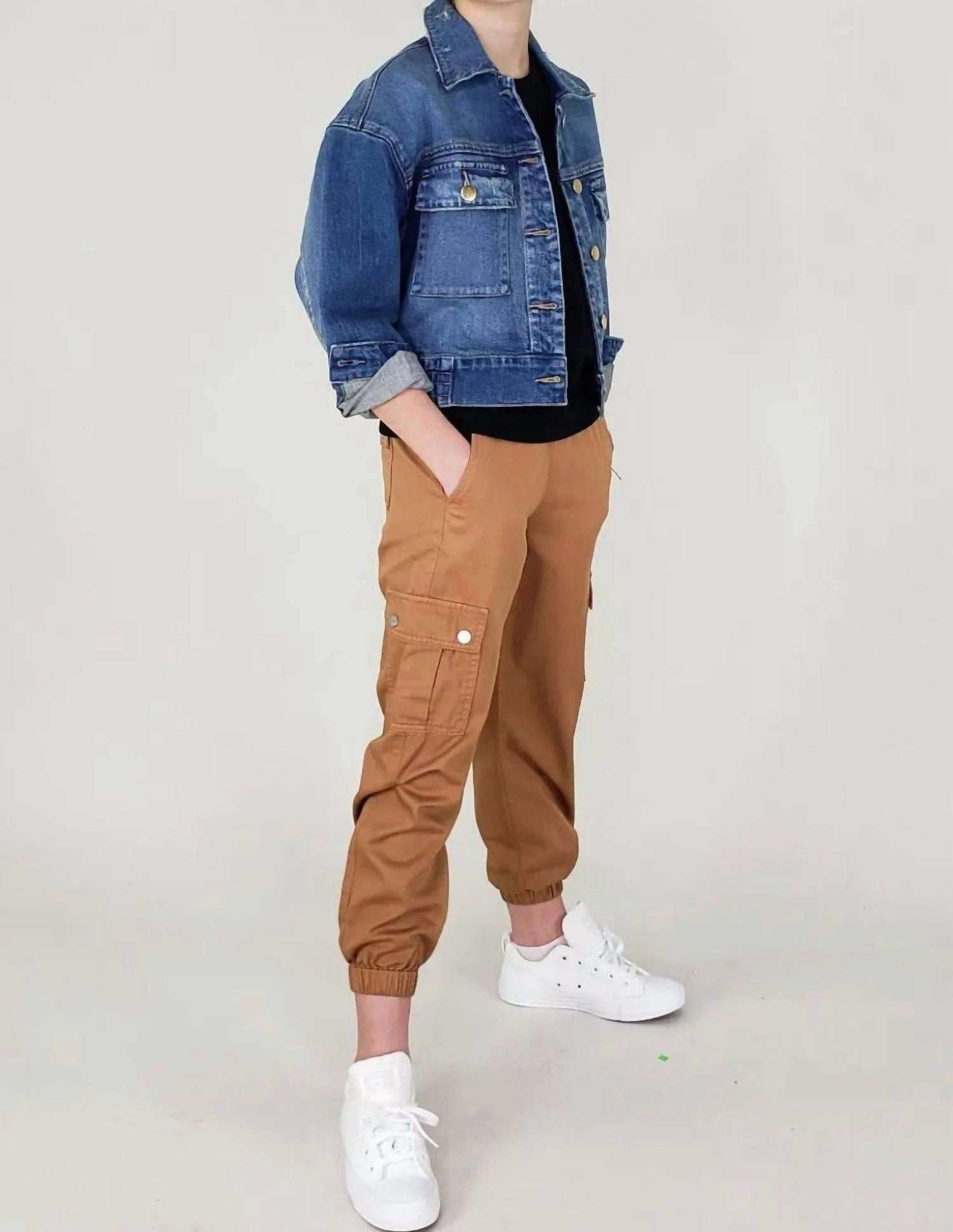 Girl's Cargo Twill Jogger Pants In Khaki LowProfileTopstitching Chic Comfort