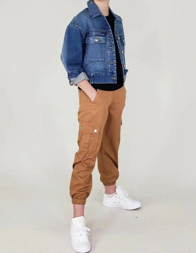 Girl's Cargo Twill Jogger Pants In Khaki LowProfileTopstitching Chic Comfort