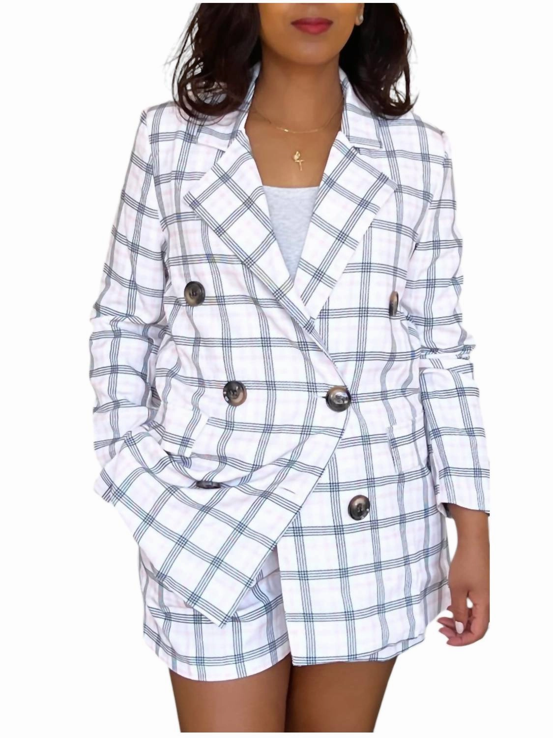Soft touch finish Reinforced Knee Panels Plaid Blazer And Short Set In White