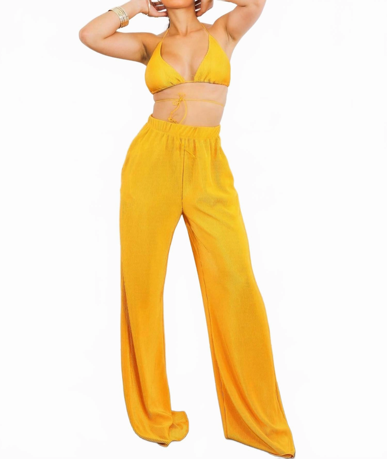 Adjustable Drawstrings Pleated Vibes Pant Set In Mustard