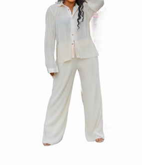 Plisse Wide Pants Set In White StainResistant Coating Microfiber Material