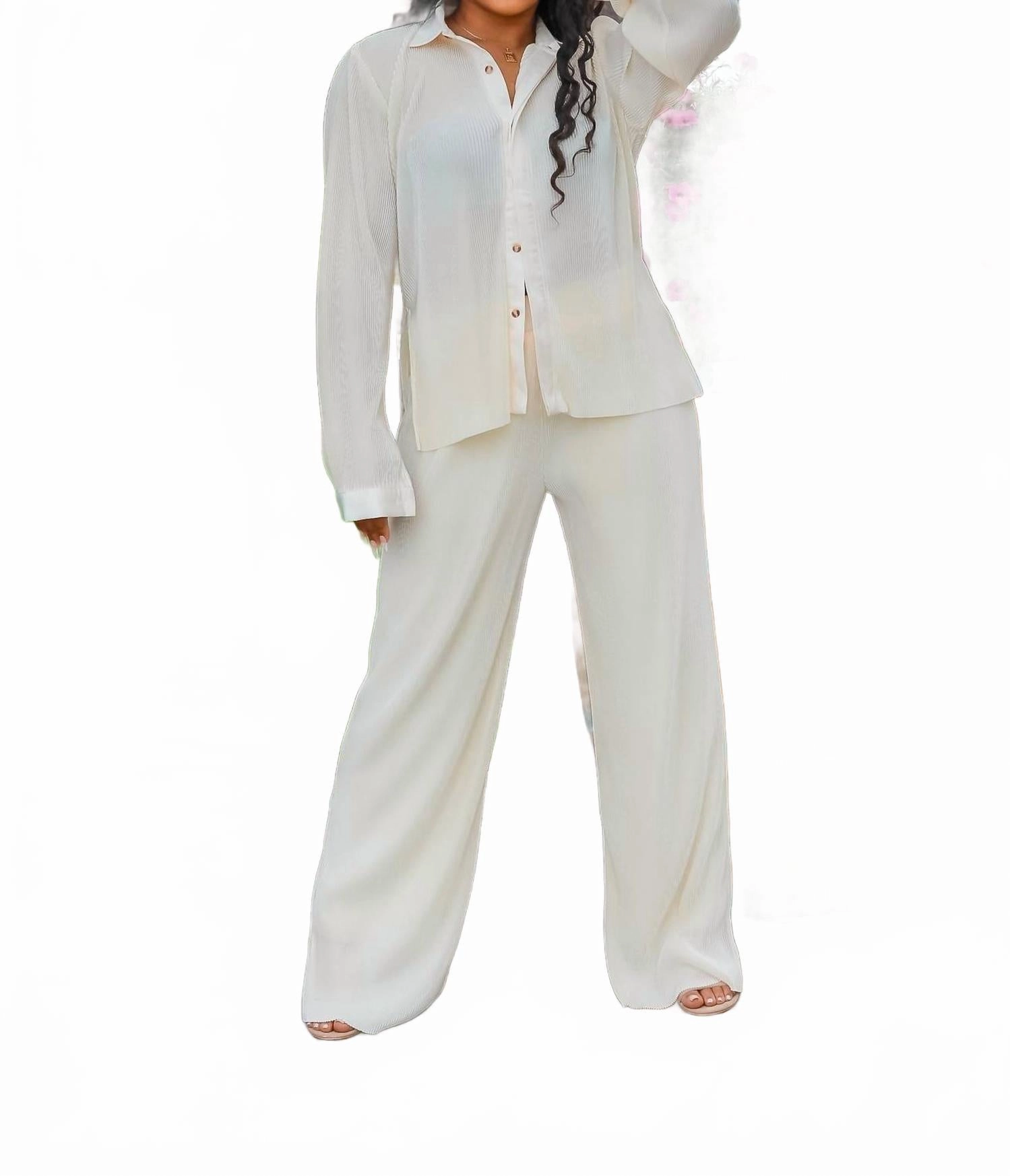 Plisse Wide Pants Set In White StainResistant Coating Microfiber Material