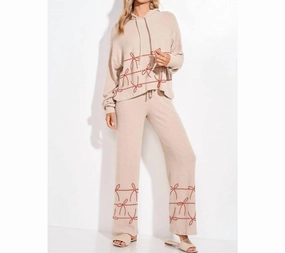 Christmas Ribbon Loungewear Pajama Set In Beige Plush Inner Layer Jersey Fabric