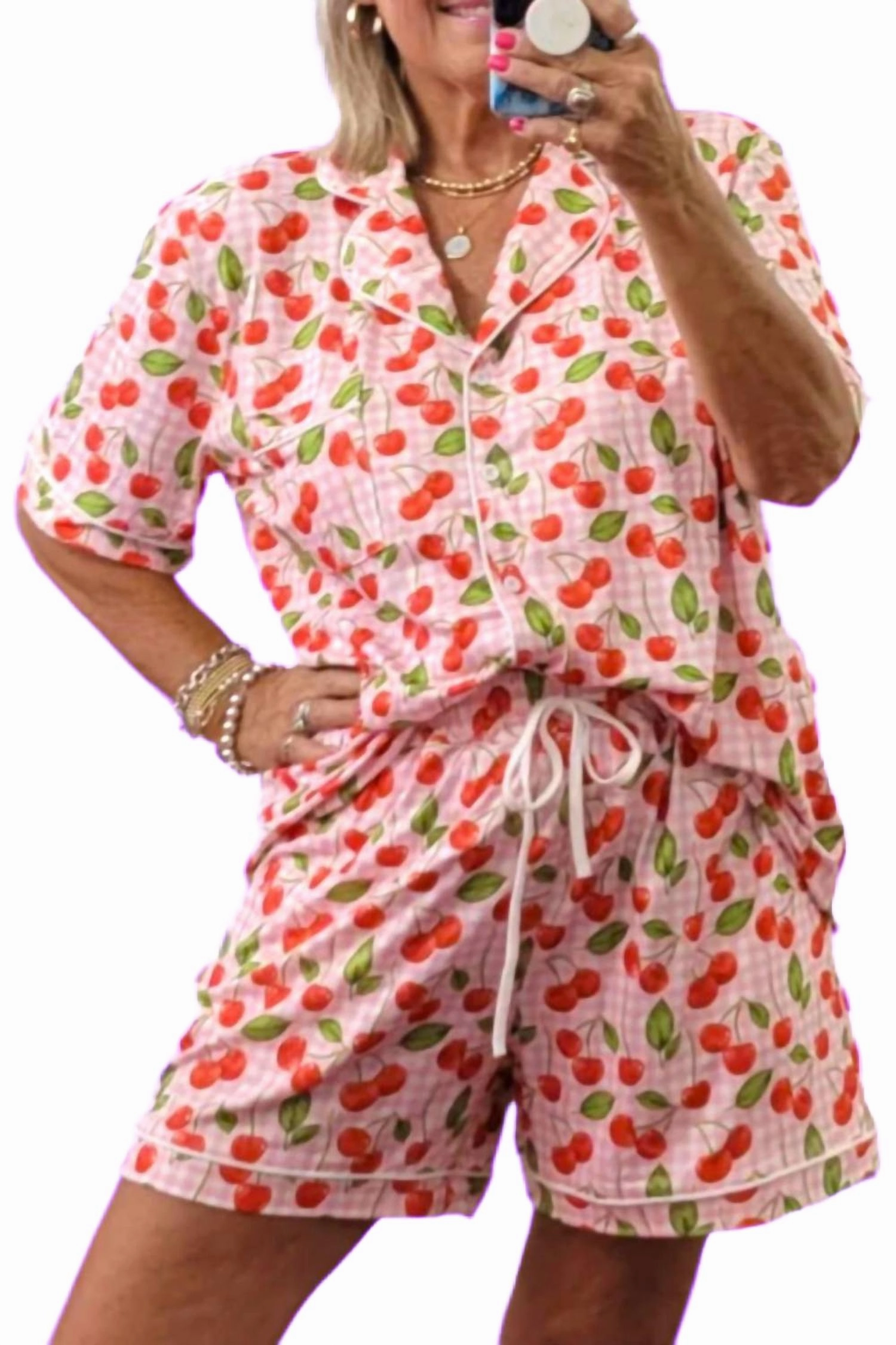 Flexible Stretch Material Adjustable Drawcord Hem Summer Pj Set In Cherries