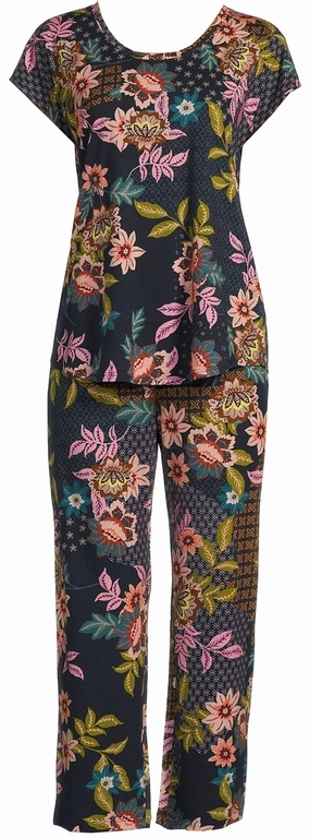 Johnny Was Women Delfino Cap Sleeve Crew Neck Crop Pajama Set Multicolor Drop Shoulder Cut Plush Brushed Interior