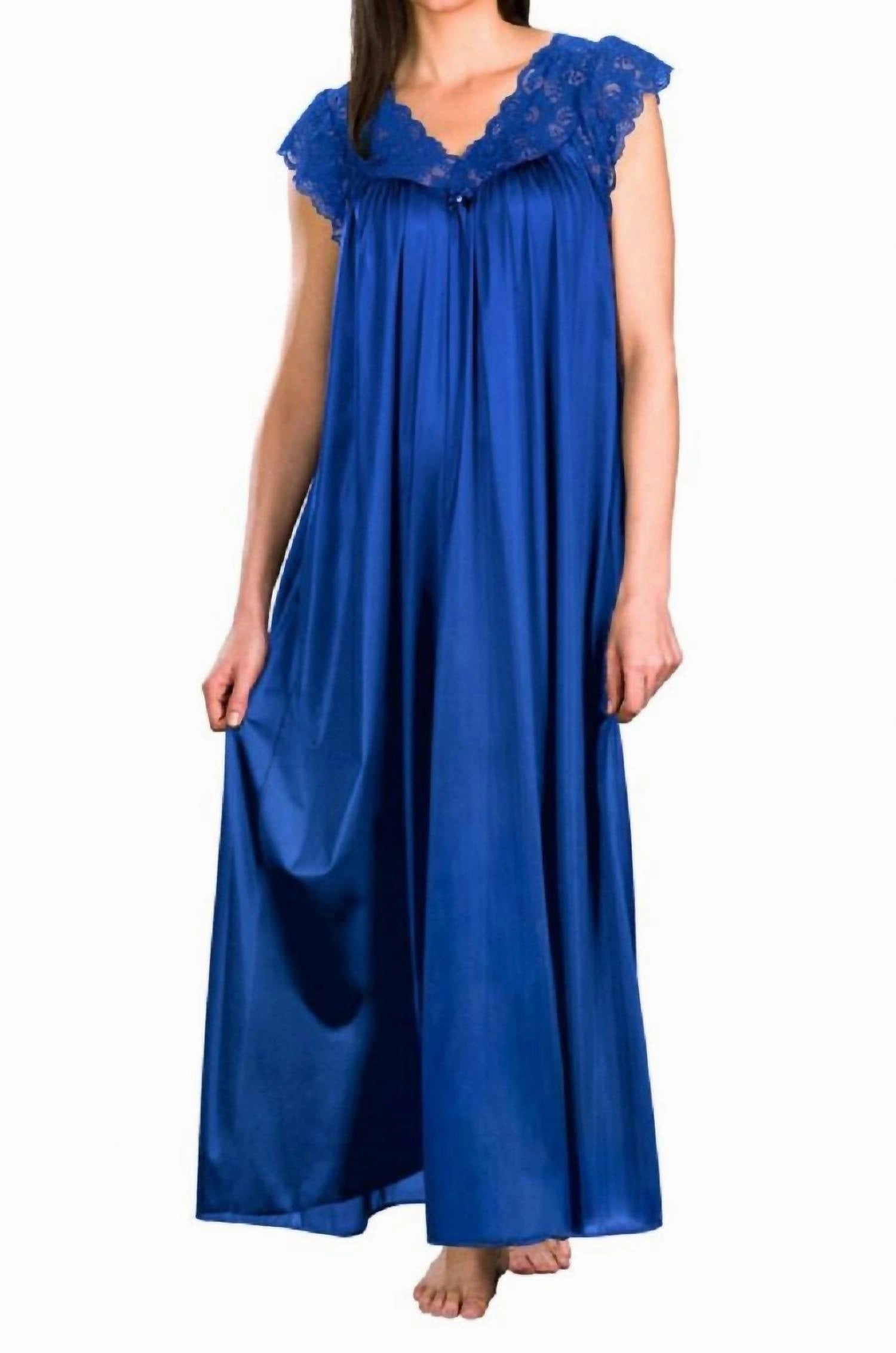 Eco Certified Materials Long Lace Cap Sleeve Nightgown In Navy