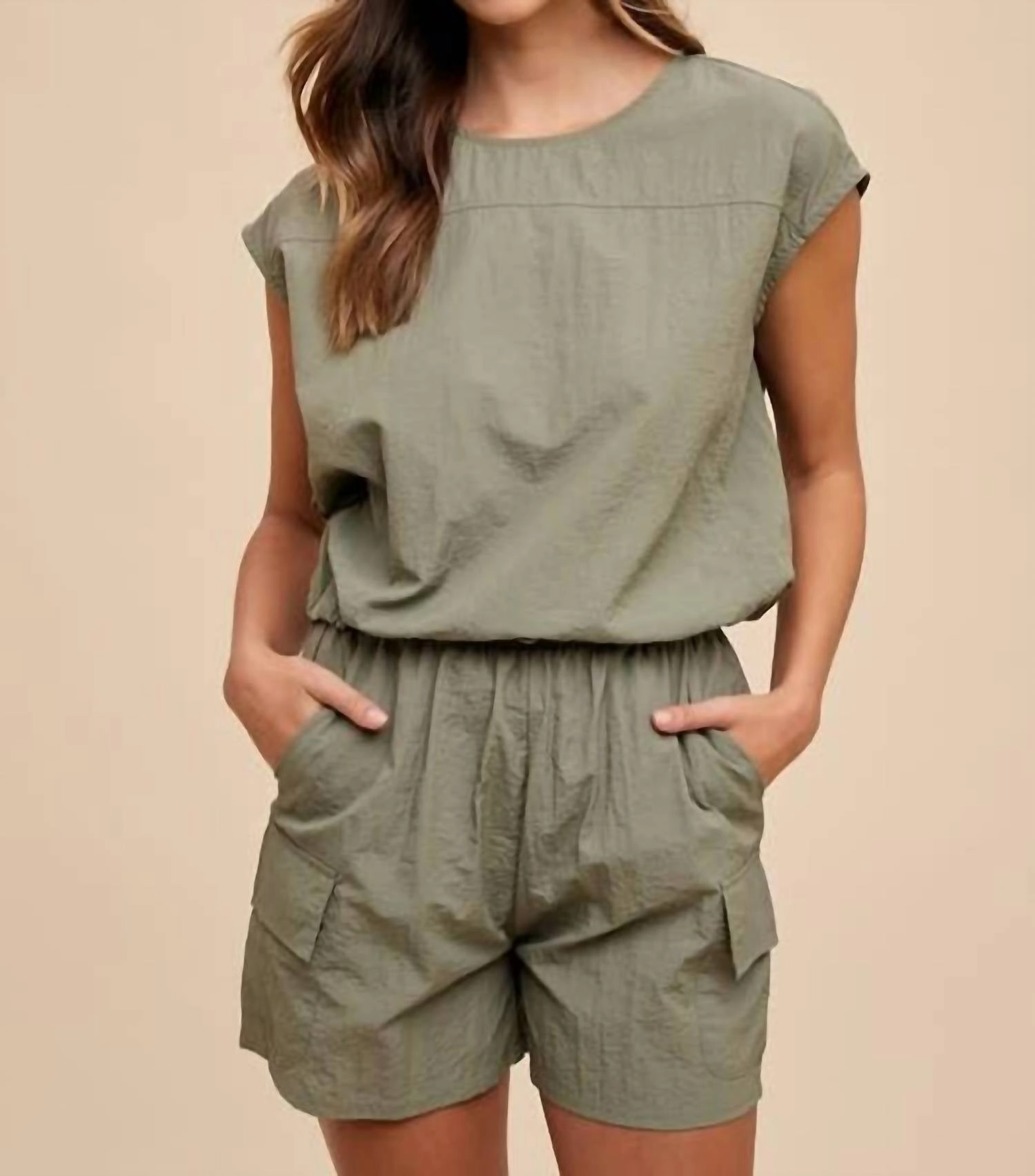 Oversized Hoodie Design Textured Ribbed Collar Utility Sportive Top & Cargo Shorts Set In Olive