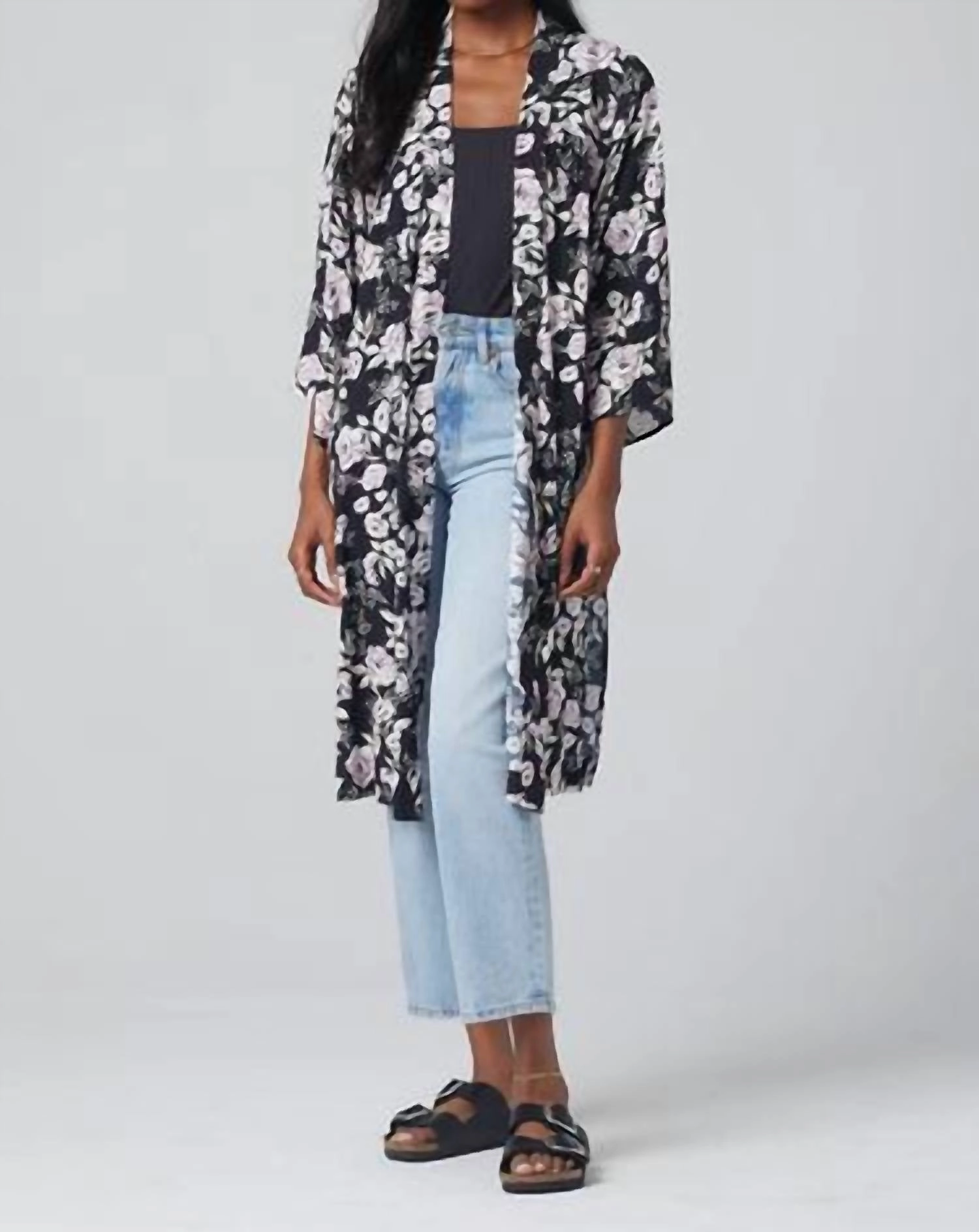 Polly Floral Kimono In Black Soft touch finish Moisture Wicking Technology