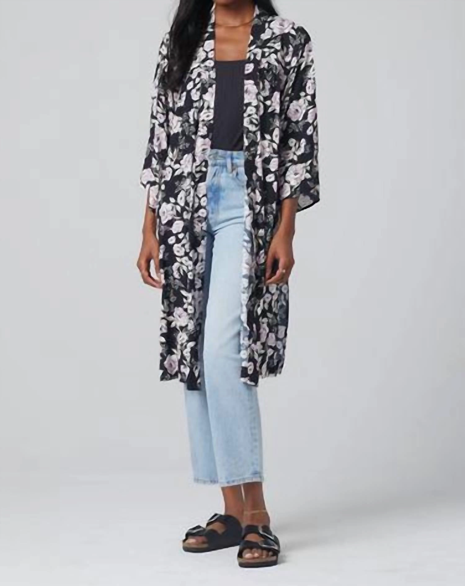 EasyCare Fabric Polly Floral Kimono In Black