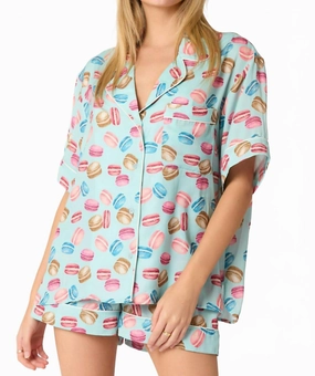 Flexible Waistband Poly Satin Macarons Printed Pajama Shirt In Aqua