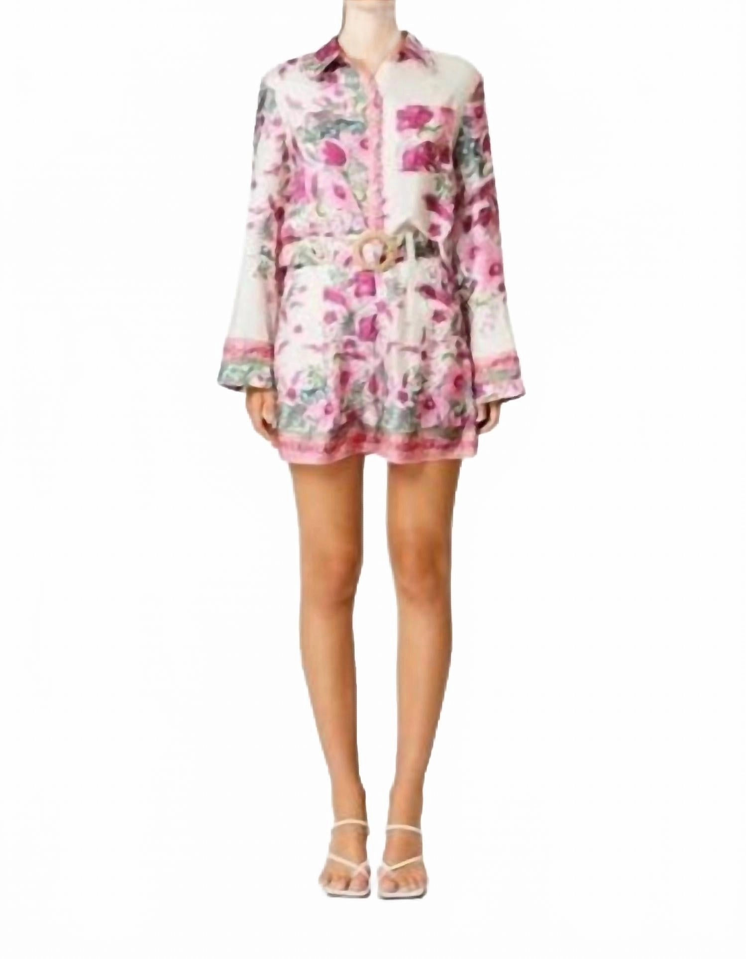 Poolside Collared Long Sleeve Top And Short Set In Multi Adjustable drawstring