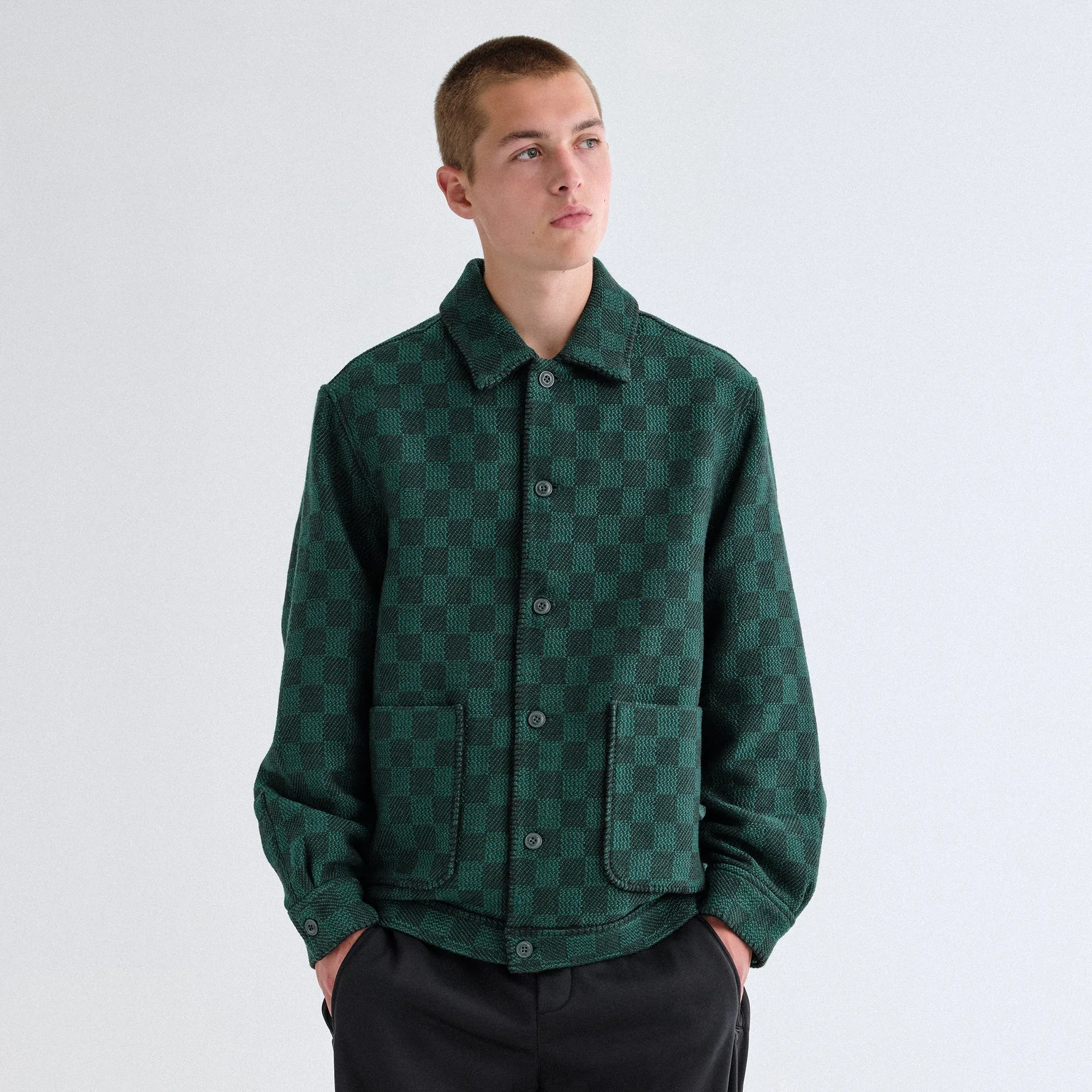 Kith Check Boucle Boxy Collared Overshirt - Ivy Green Subtle Details Limited Edition