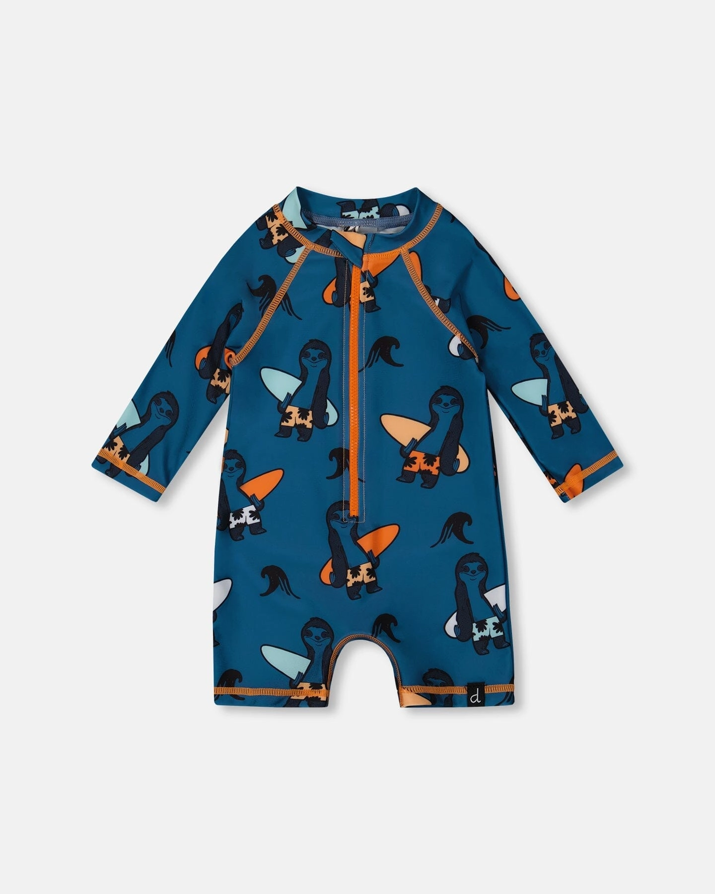 Printed Long Sleeve One-Piece Rashguard Orange Sloths On Navy Blue Odor Control Treatment