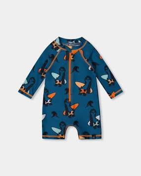 Sustainable Production Process Printed Long Sleeve One-Piece Rashguard Orange Sloths On Navy Blue