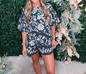 Durable Reinforced Seams Anti Pilling Technology Printed Short Sleeve Set In Navy