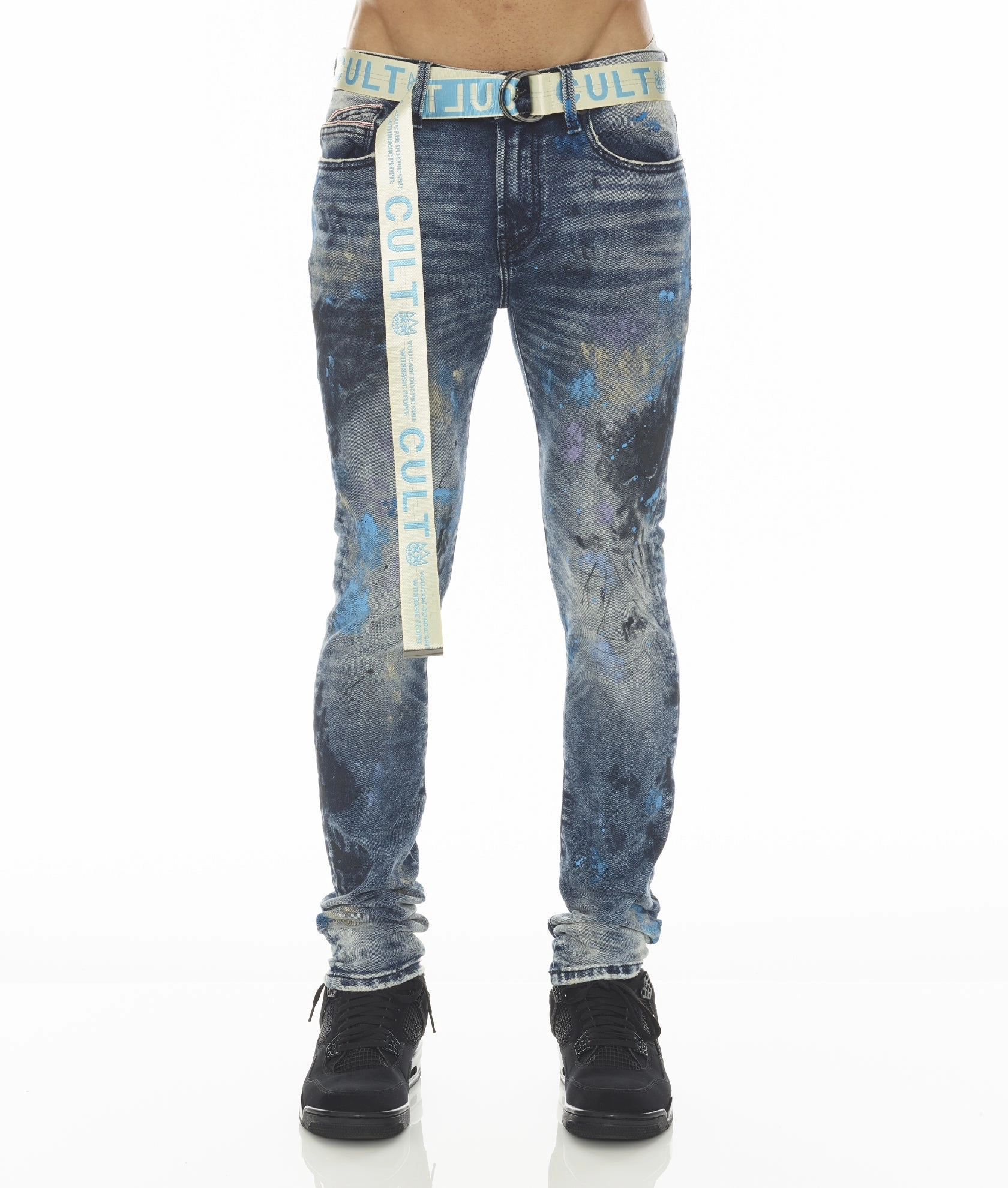 PUNK SUPER SKINNY STRETCH w/BABY BLUE BELT IN ABSTRACT Nature Lover Outdoor Adventure Autumn Days Elegant Party Look Winter Warmth