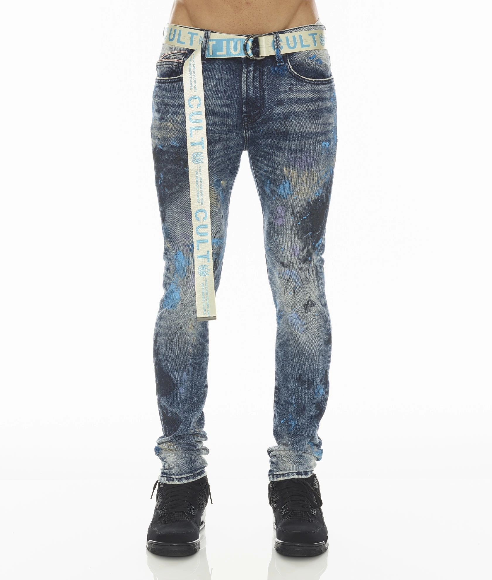 Crosshatch Stitching Party Look Luxury PUNK SUPER SKINNY STRETCH w/BABY BLUE BELT IN ABSTRACT