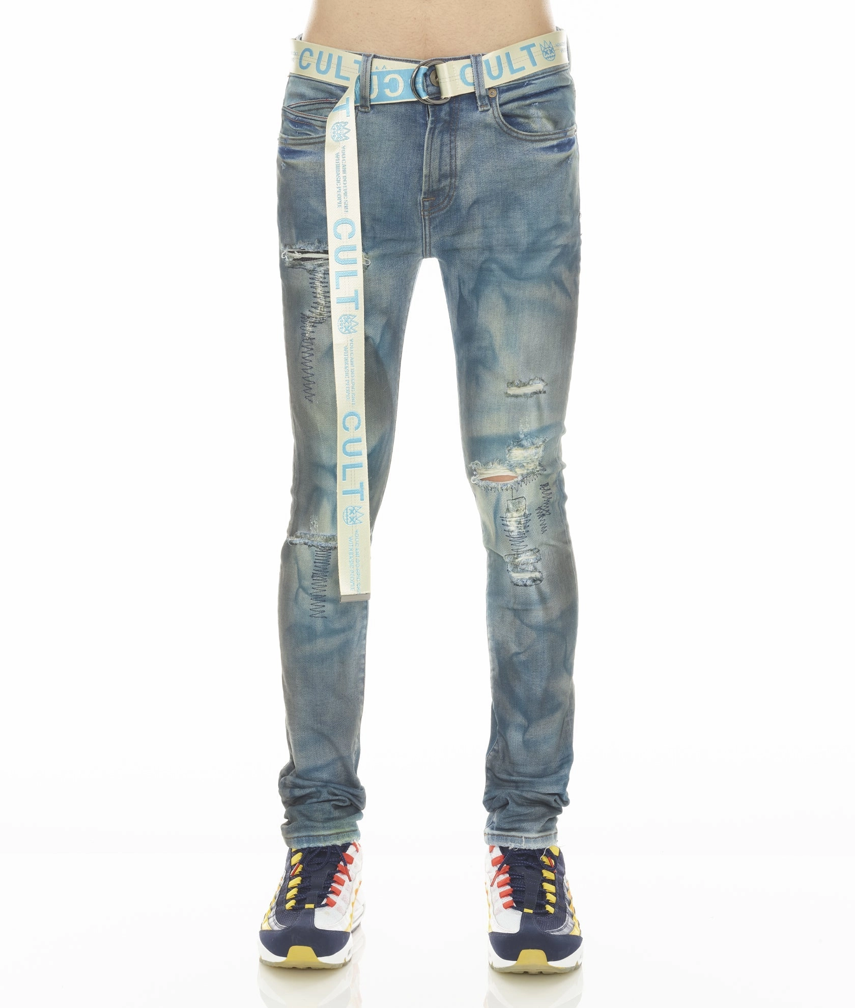 PUNK SUPER SKINNY STRETCH w/BABY BLUE BELT IN KASSO Minimal Shrinkage Fabric Hypoallergenic Material Composition