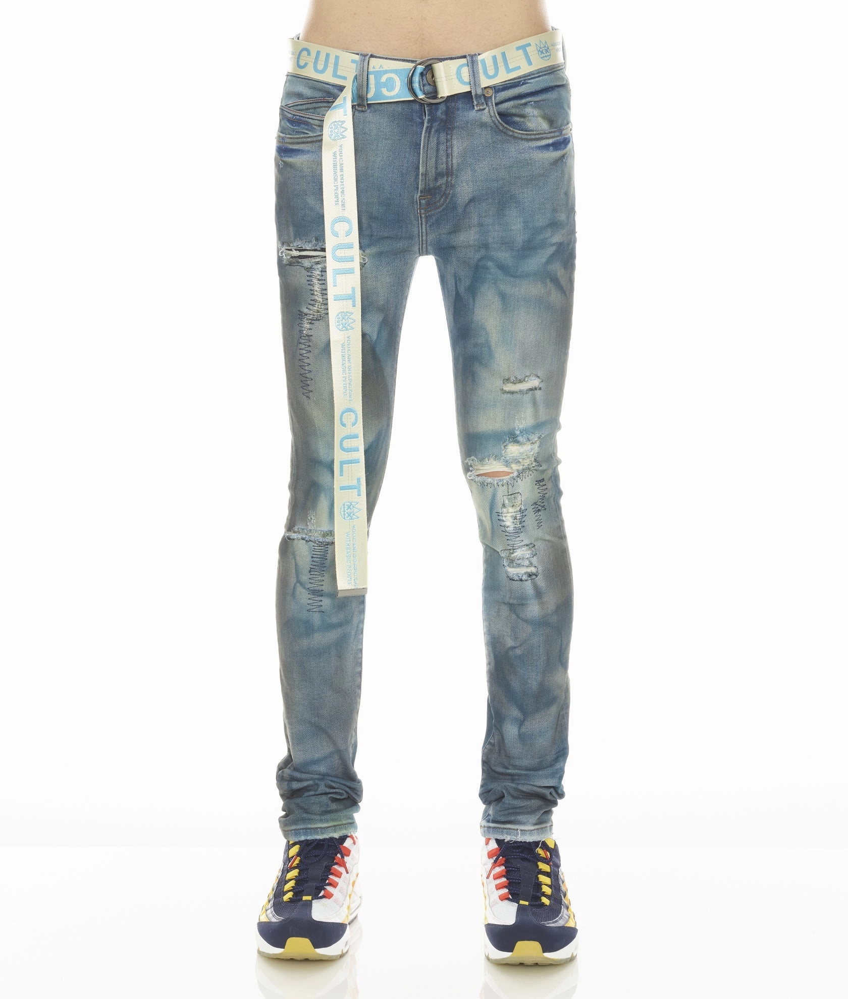Night Out Bold Look General Fit PUNK SUPER SKINNY STRETCH w/BABY BLUE BELT IN KASSO