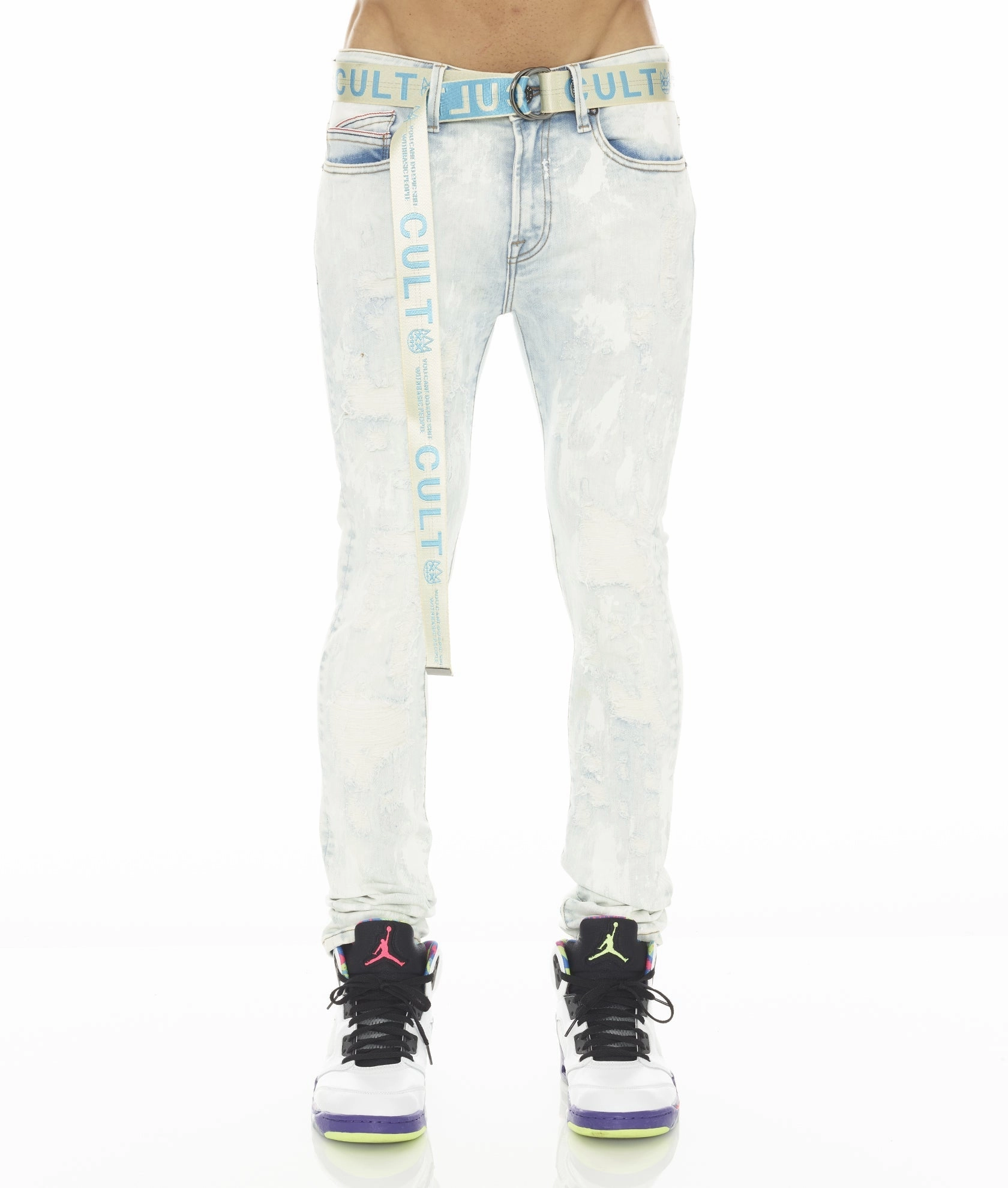 PUNK SUPER SKINNY STRETCH w/ BELT IN SKY Modern Textured