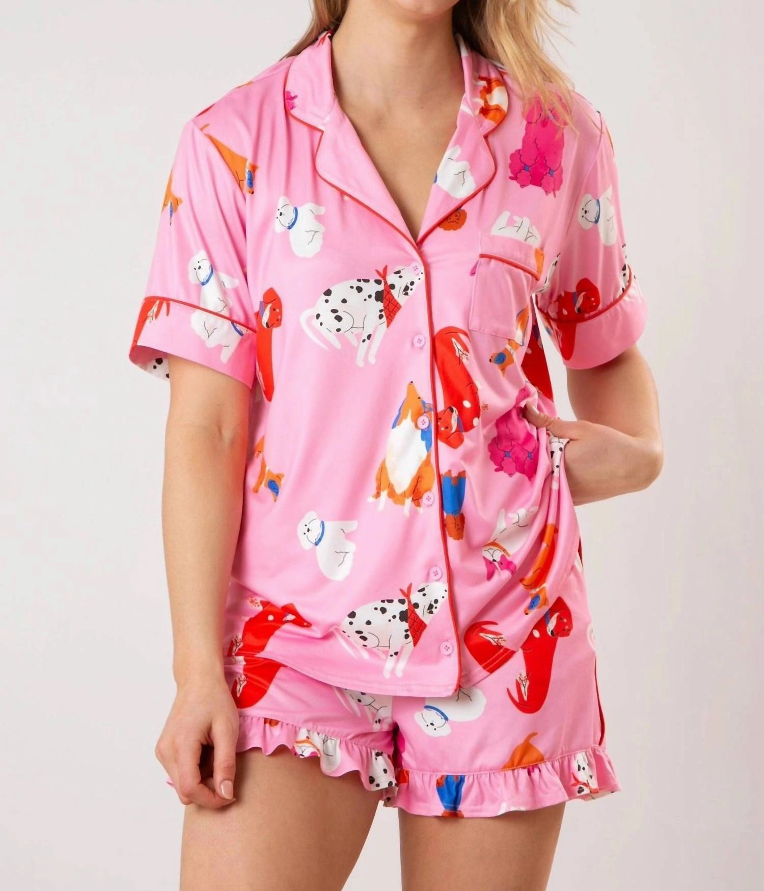 Puppy Dog Short Sleeve Button Down Pajama Top In Pink Tagless Labeling AntiSlip Grip Hem