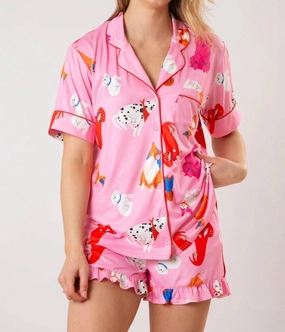 Puppy Dog Short Sleeve Button Down Pajama Top In Pink Double Stitched Edges Crew Neckline