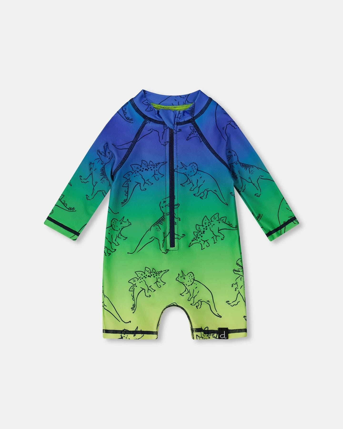 Anti Pilling Fabric Printed Long Sleeve One-Piece Rashguard Vibrant Blue And Green Dino