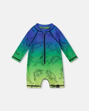 Compression Panels Summer Life Printed Long Sleeve One-Piece Rashguard Vibrant Blue And Green Dino