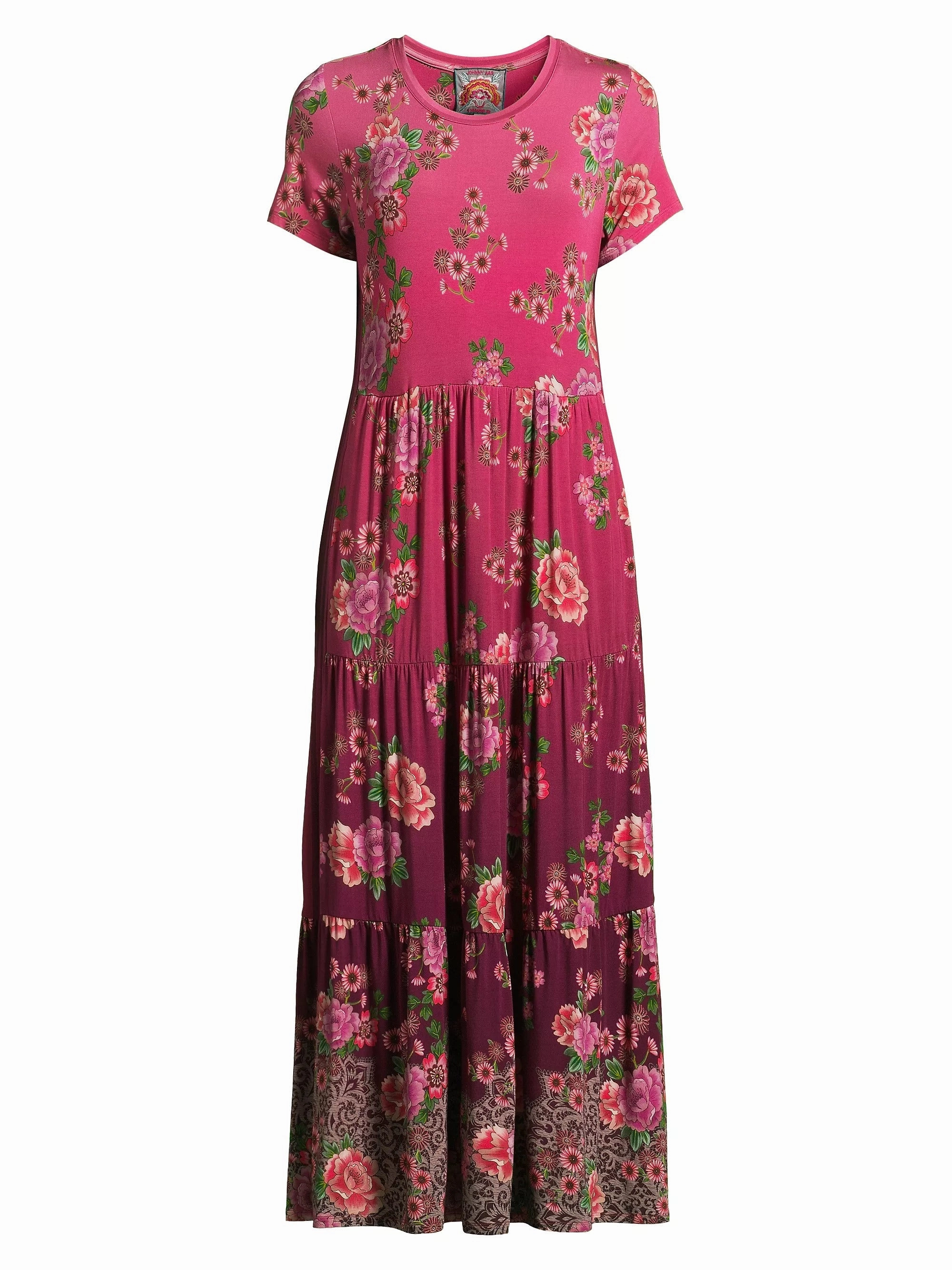 Johnny Was Women's Tiered Cap Sleeve Dress, Pink Lace elastic waistband Plush Lining