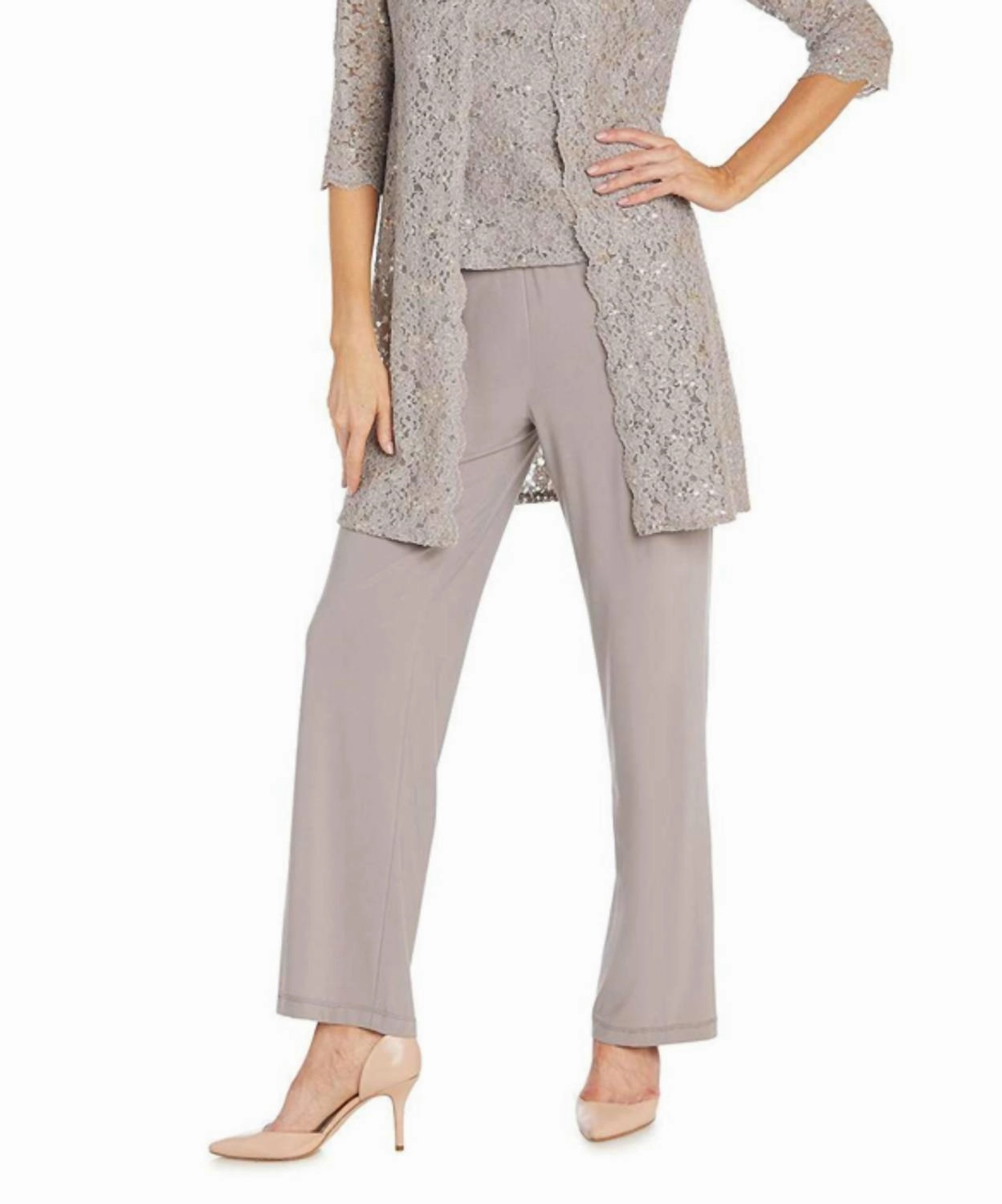 Embellished Dressy 3 Piece Pants Set In Taupe Drapey Texture