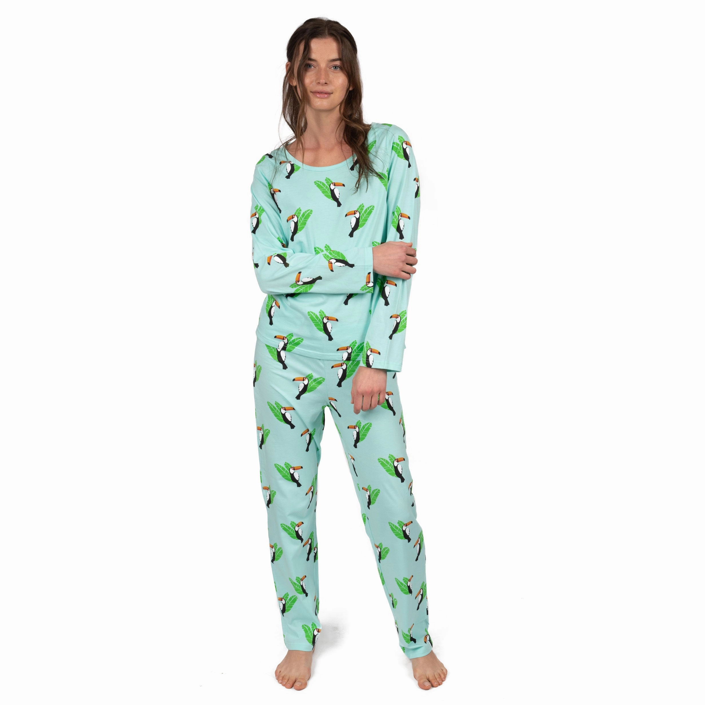 Womens Two Piece Cotton Loose Fit Pajamas Toucan Bird Adjustable Drawcord