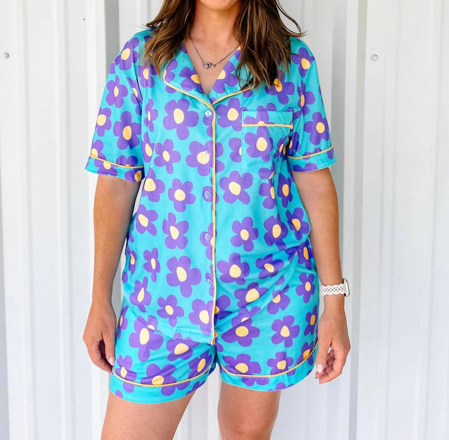 Machine Washable Fabric Flower Pajama Set In Blue