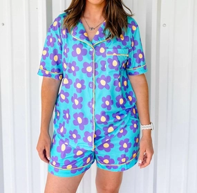 Machine Washable Fabric Flower Pajama Set In Blue