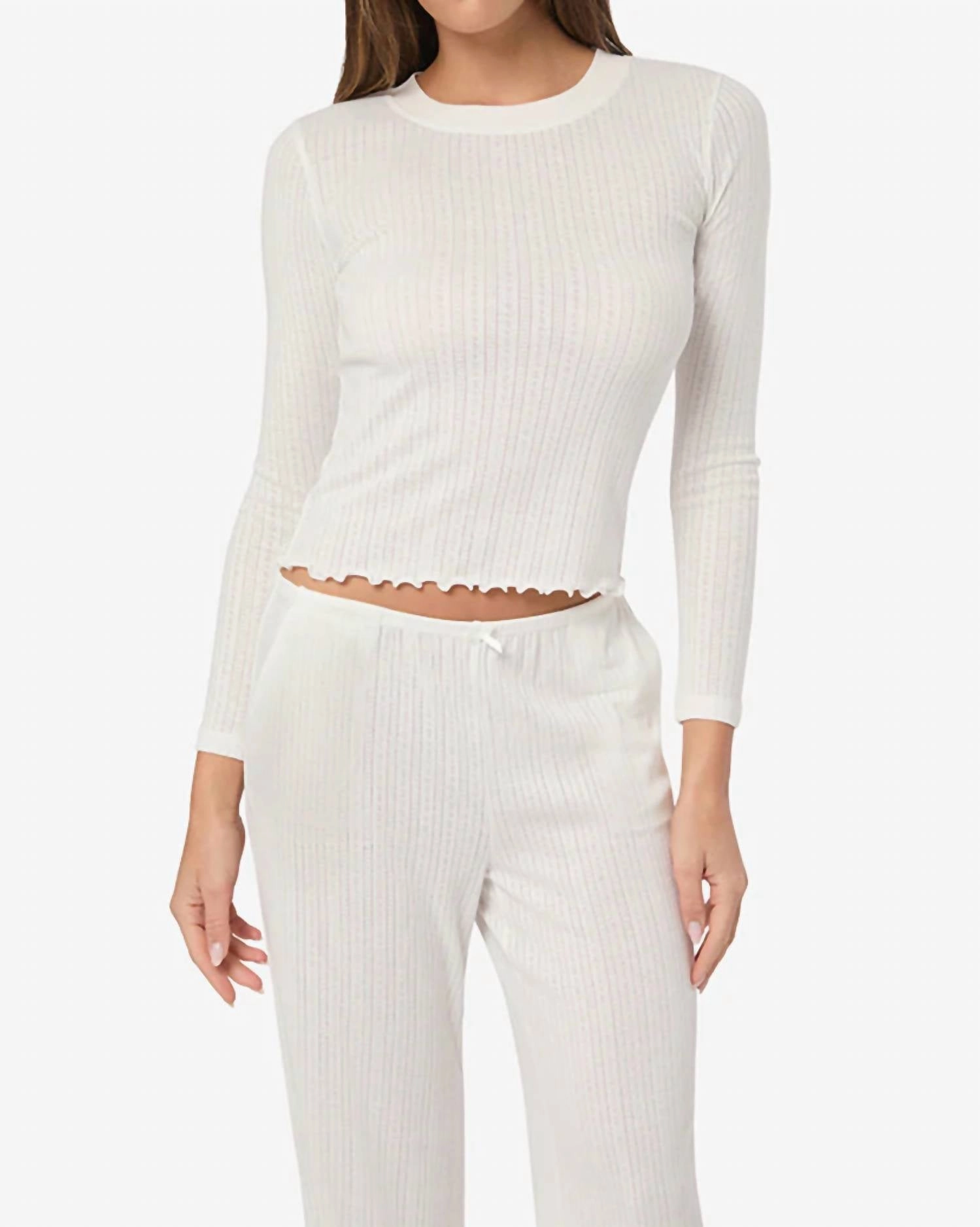 Skin Friendly Fabric Odor Control Technology Long Sleeve Pointelle Pajama Top In White