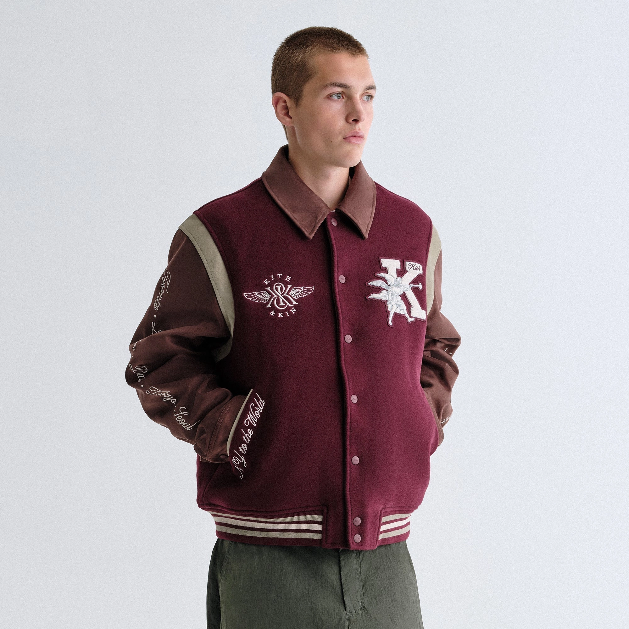 Compact Fit Look Kith Wool & Microsuede Varsity Jacket - Magma