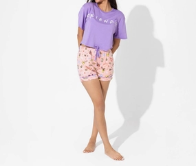Friends Forever Pajama Shorts Set In Pink Minimalist Stitching Easy Care Material