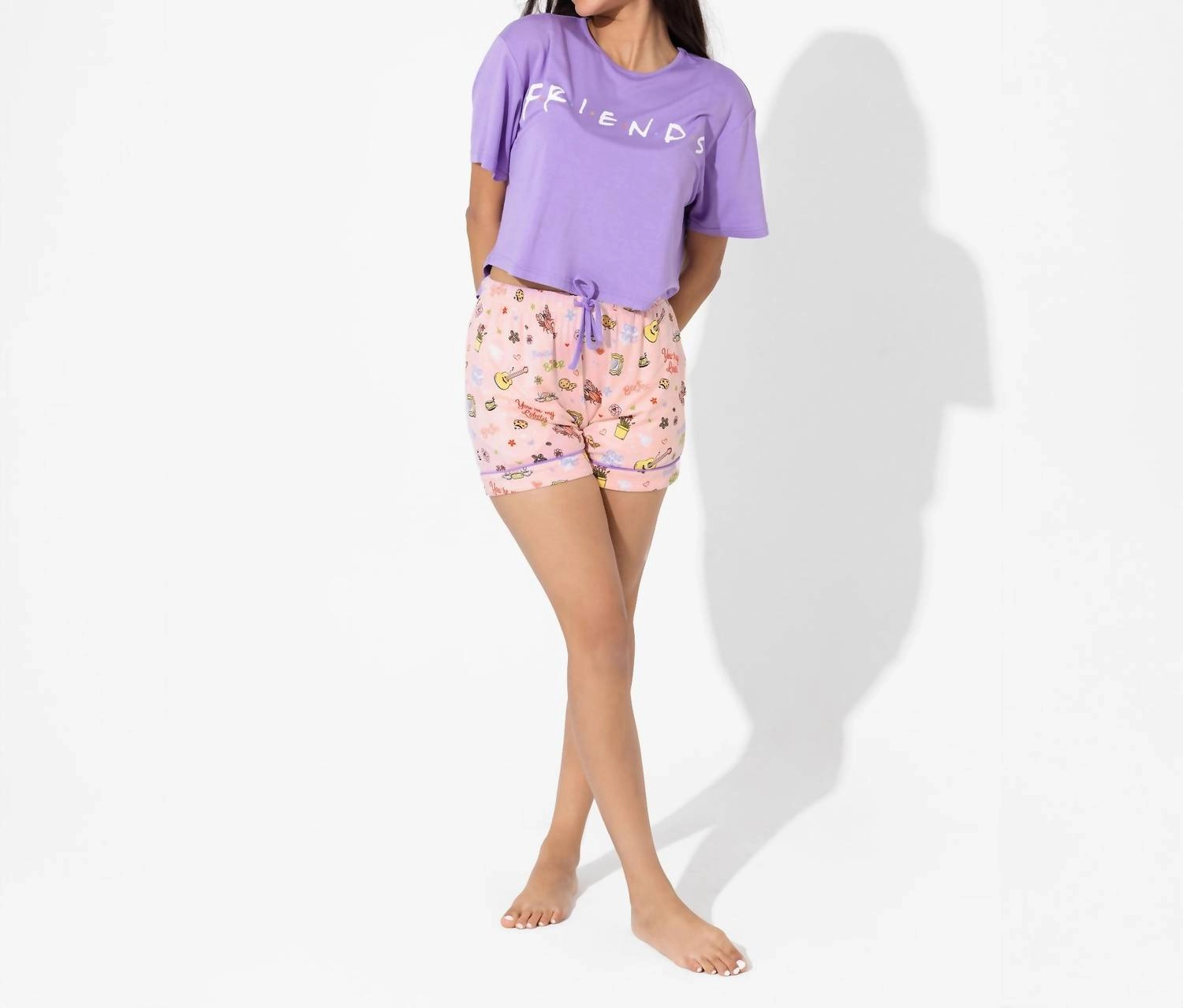 Friends Forever Pajama Shorts Set In Pink Minimalist Stitching Easy Care Material