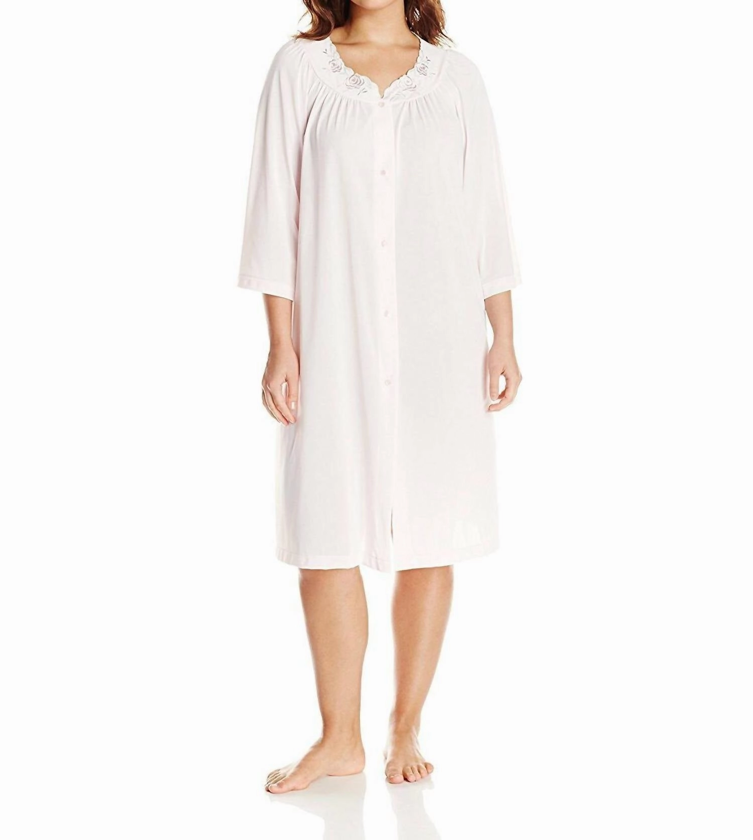 Waffle Knit Texture Flexible Ribbed Cuffs Short 3/4 Sleeve Button Down Robe In Pink