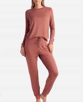 Thermal Regulating Material Raglan Sleeve Crew Neck Sleep Set With Jogger In Tahitian Tan