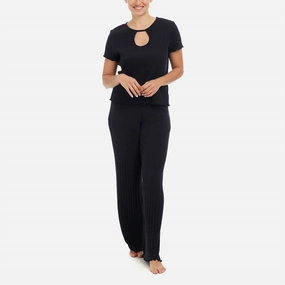Ravena Pima Cotton Rib Lounge Set In Black Layered Collar Plush Fleece Lining