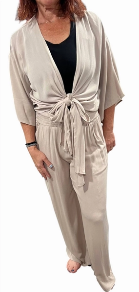 Rayon Tie Front Top With Smocked Waist Wide Leg Pants Set In Beige Drop Shoulder Construction